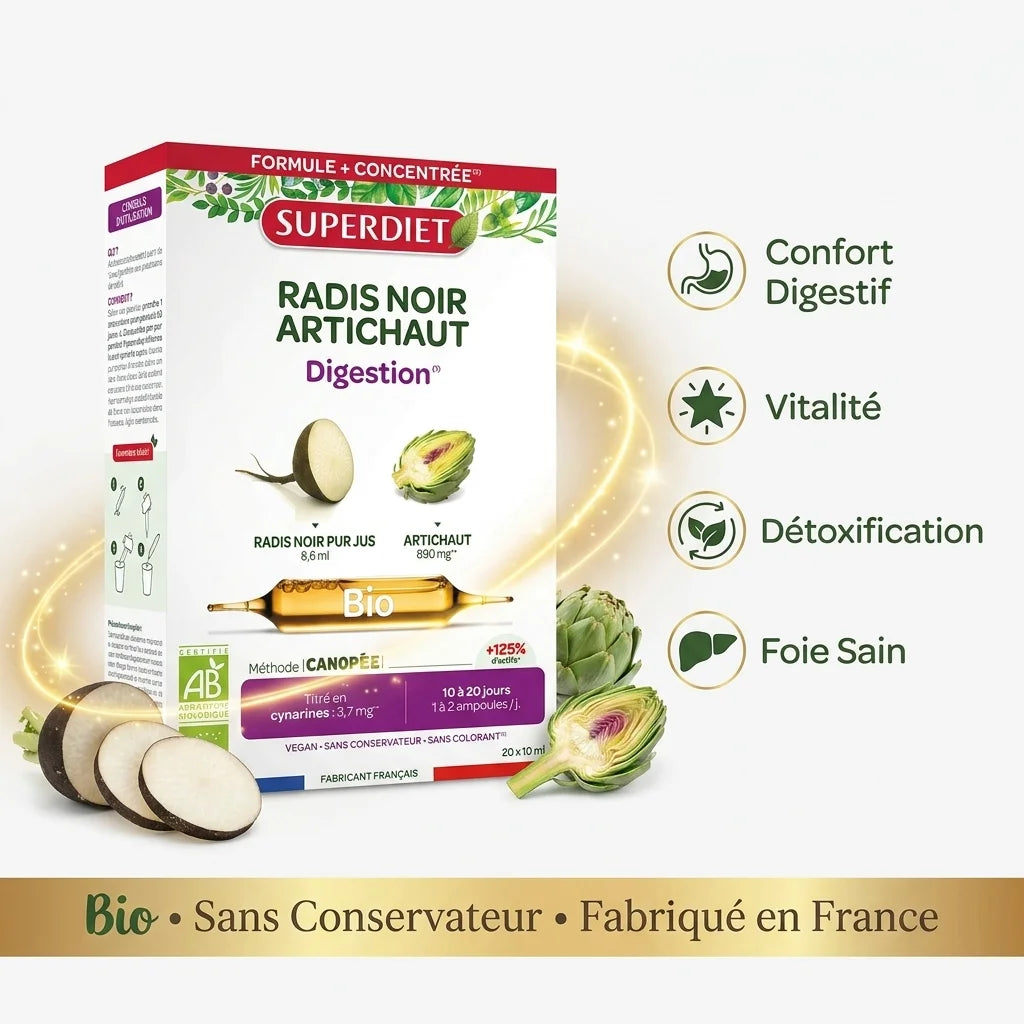 Superdiet Radis Noir Artichaut Bio 20 ampoules avec bénéfices digestif, vitalité et détoxification