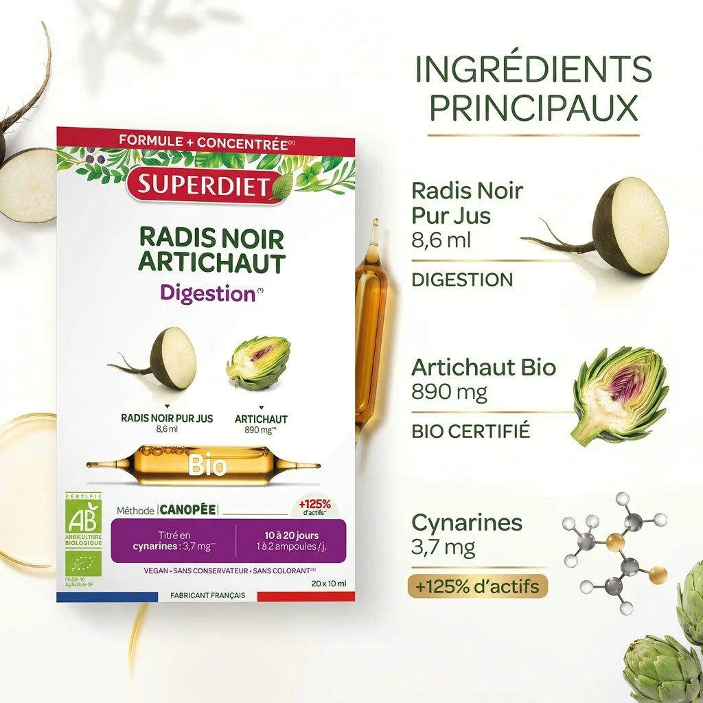 Superdiet Radis Noir Artichaut Bio 20 ampoules - Ingrédients et bienfaits digestifs certifiés
