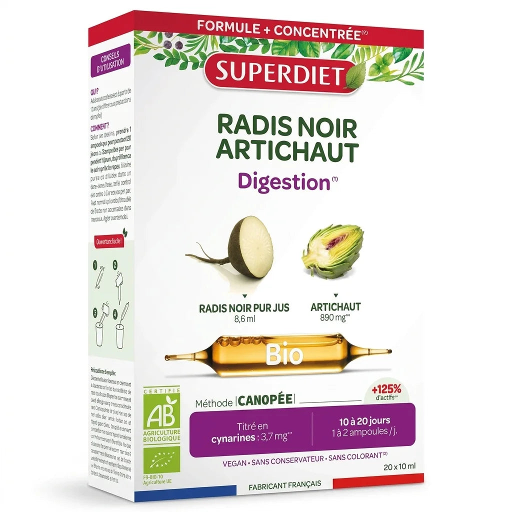 Boîte Superdiet Radis Noir Artichaut Bio 20 ampoules sur fond blanc