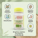 Radis noir & Artichaut bio 60 gélules - Flacon Graine Sauvage avec infographie bénéfices santé