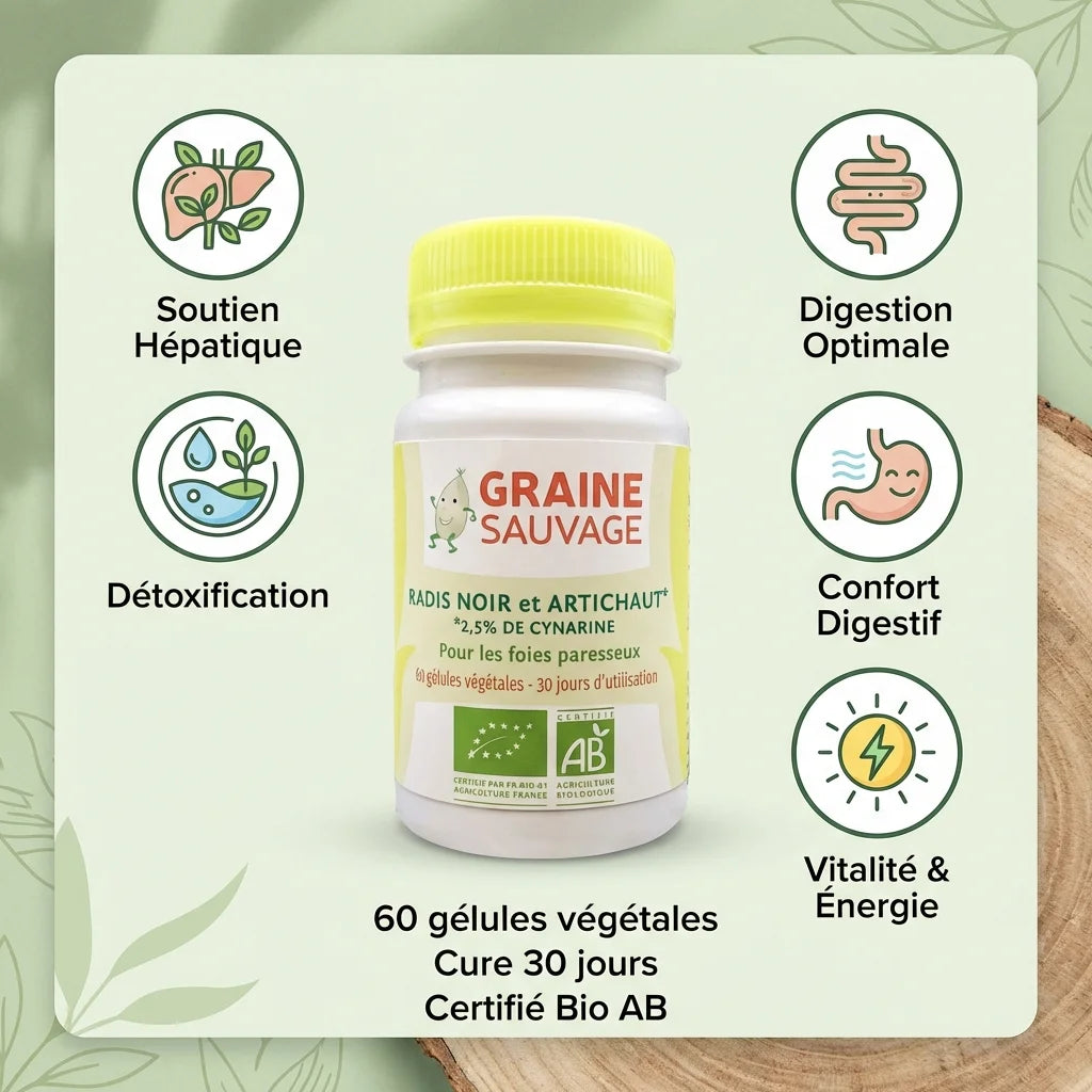 Radis noir & Artichaut bio 60 gélules - Flacon Graine Sauvage avec infographie bénéfices santé