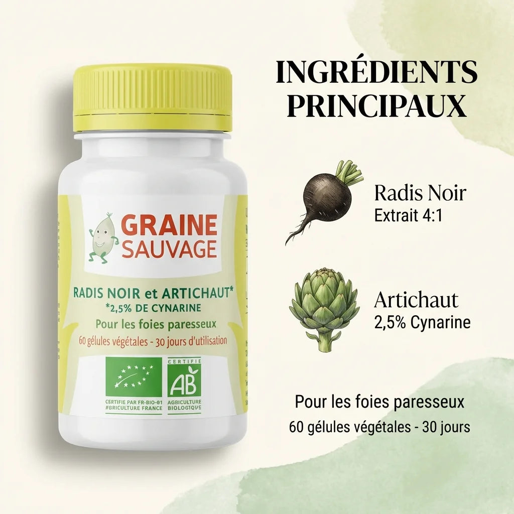 Radis noir et artichaut bio 60 gélules Graine sauvage avec ingrédients principaux illustrés
