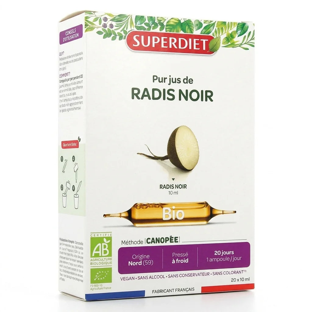 Radis Noir Bio Superdiet coffret 20 ampoules 10ml détox certification AB