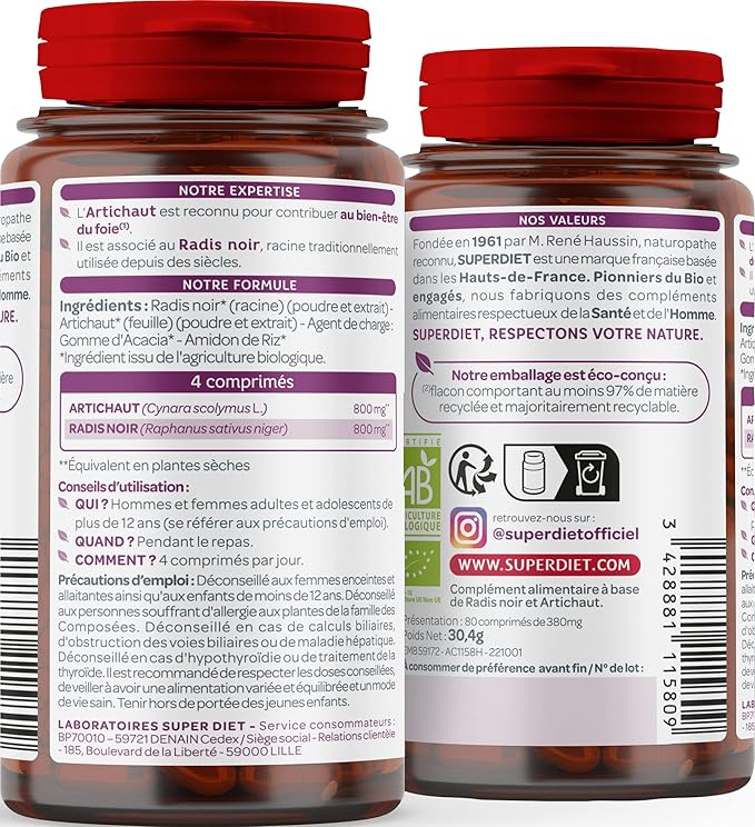 Le verso d'une boite de 80 comprimés de Radis Noir & Artichaut Bio Superdiet