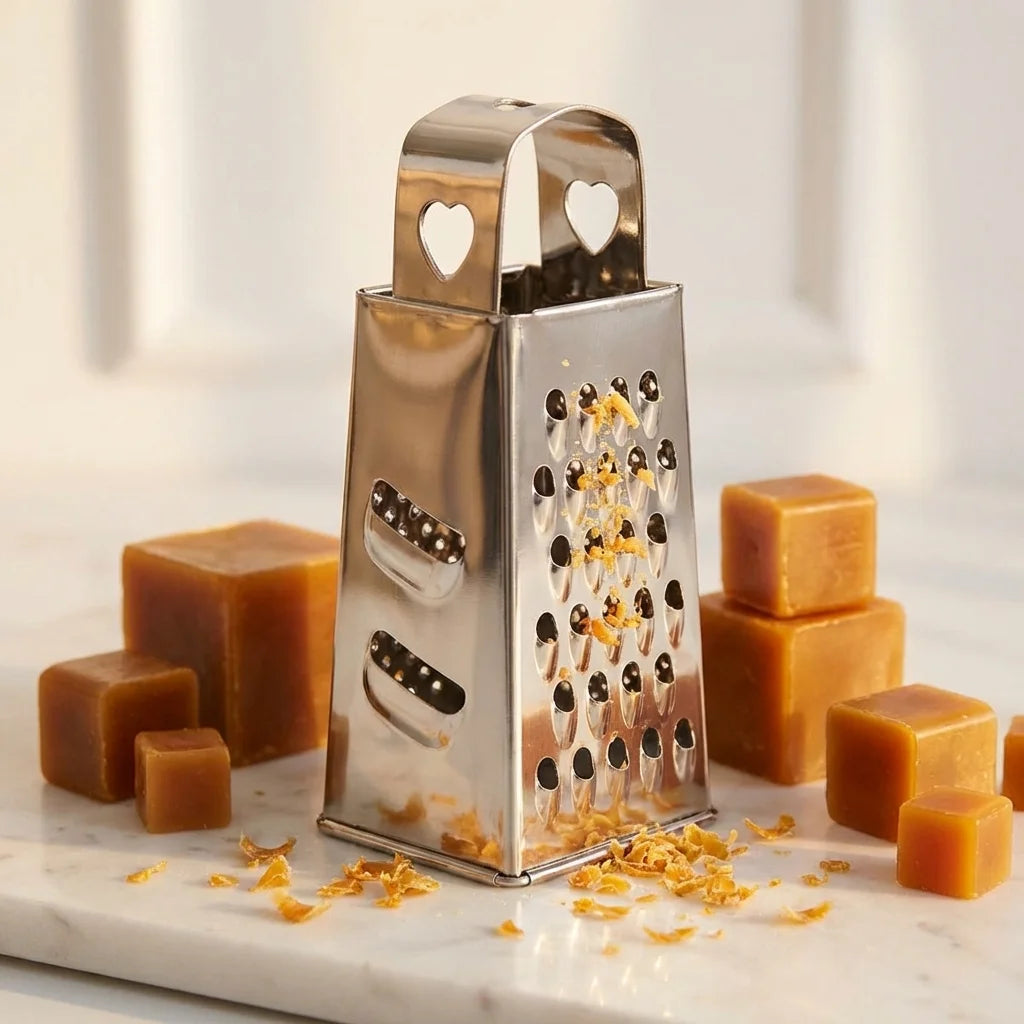 Râpe Argenté ByBazz avec carrés d'ambre et copeaux sur marbre, décoration luxe