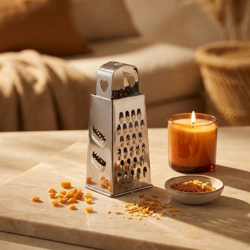 Râpe argentée ByBazz pour carrés d'ambre sur marbre avec copeaux et bougie allumée