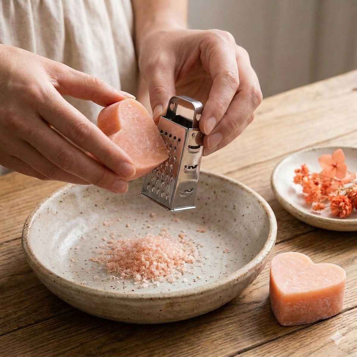 une femme en train de râper un coeur d'ambre parfumé avec une râpe argentée