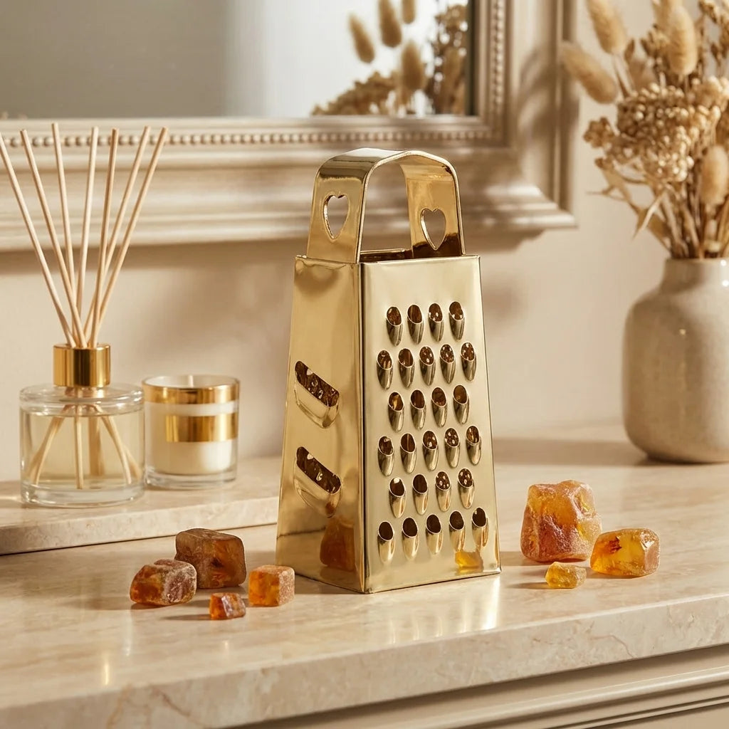Râpe dorée ByBazz avec carrés d'ambre sur marbre blanc pour décoration intérieure luxe