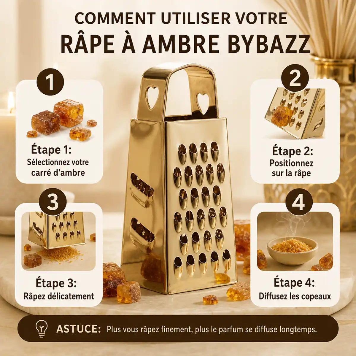 Râpe dorée ByBazz avec carrés d'ambre et 4 étapes d'utilisation illustrées, design luxe