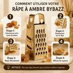 Râpe dorée ByBazz avec carrés d'ambre et 4 étapes d'utilisation illustrées, design luxe