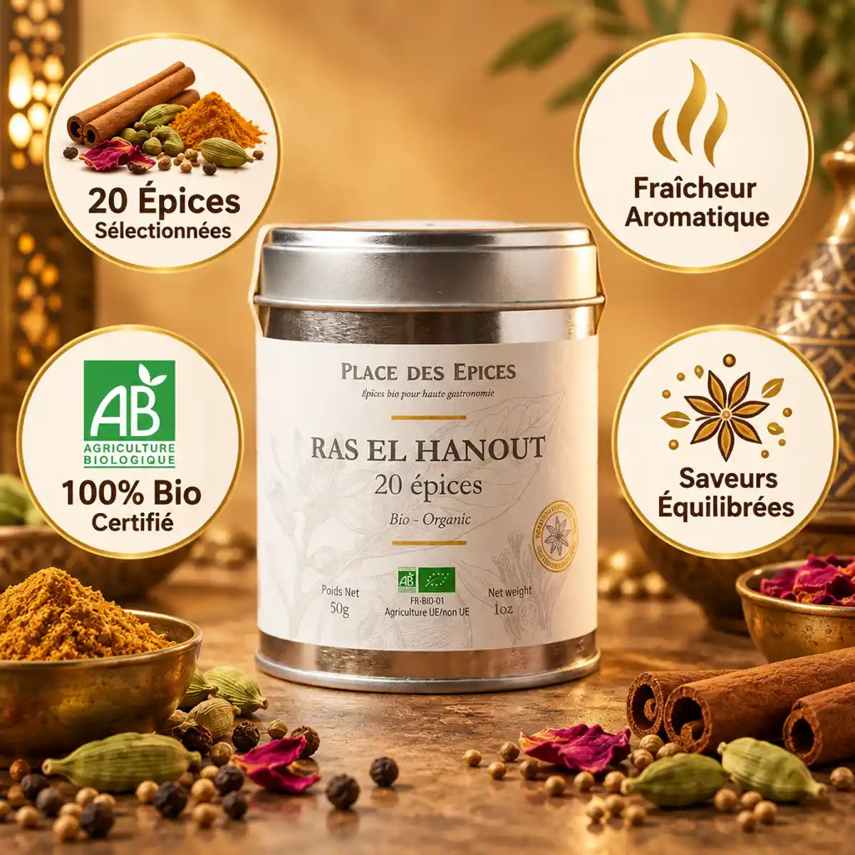 Boîte Ras El Hanout 20 épices bio 50g avec infographies bénéfices et épices Morocaines