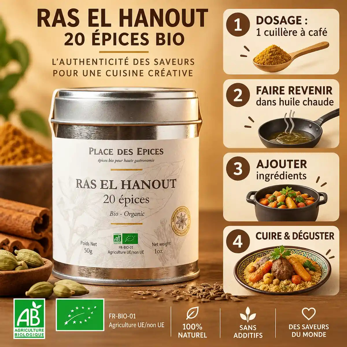 Ras El Hanout 20 épices bio 50g Place des épices avec guide d'utilisation et certification AB