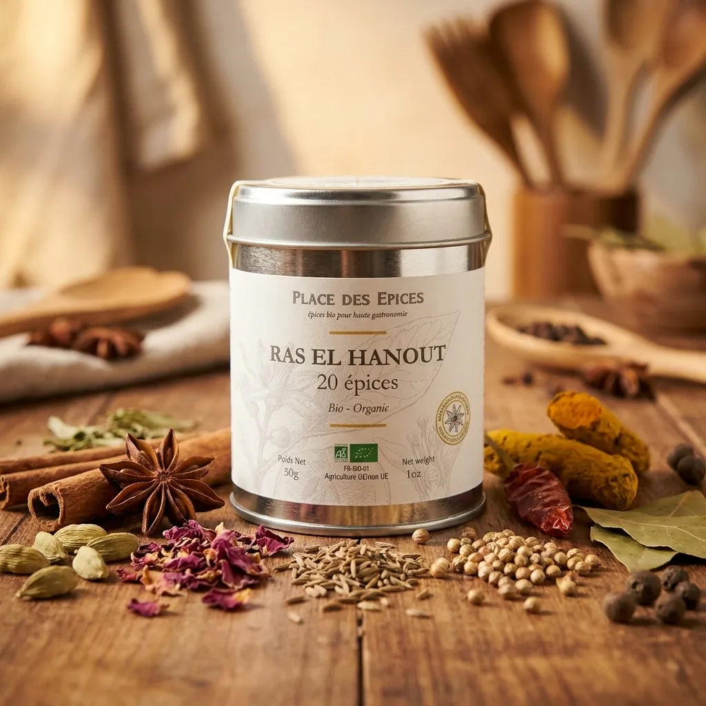 Ras El Hanout 20 Épices Bio 50g Place des épices avec épices entières sur bois