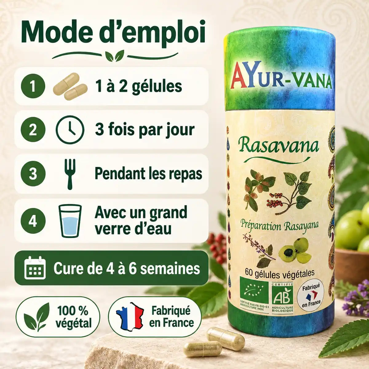 Rasavana Bio 60 gélules Ayur-Vana : emballage vert et bleu, mode d'emploi en 4 étapes, cure de 4 à 6 semaines, 100 % végétal