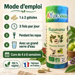 Rasavana Bio 60 gélules Ayur-Vana : emballage vert et bleu, mode d'emploi en 4 étapes, cure de 4 à 6 semaines, 100 % végétal