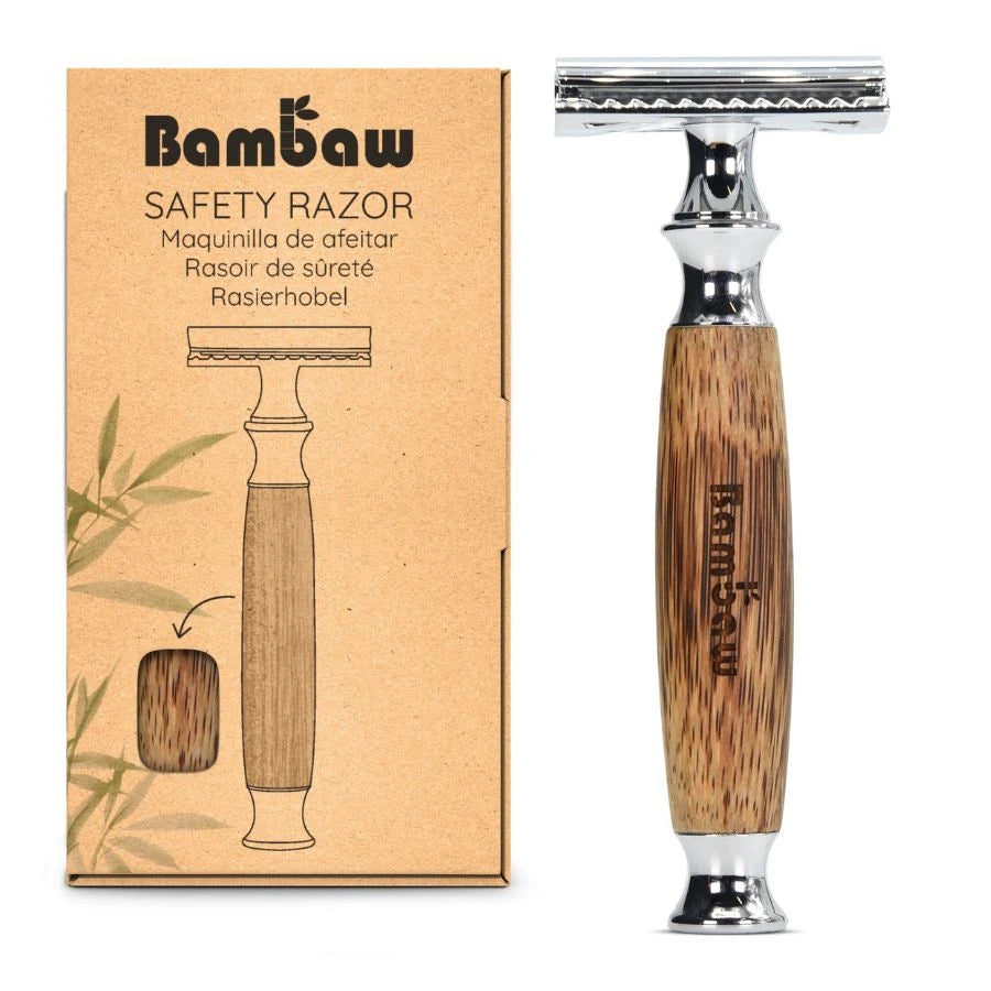Un rasoir de sécurité en bambou avec son pack de la marque Bambaw
