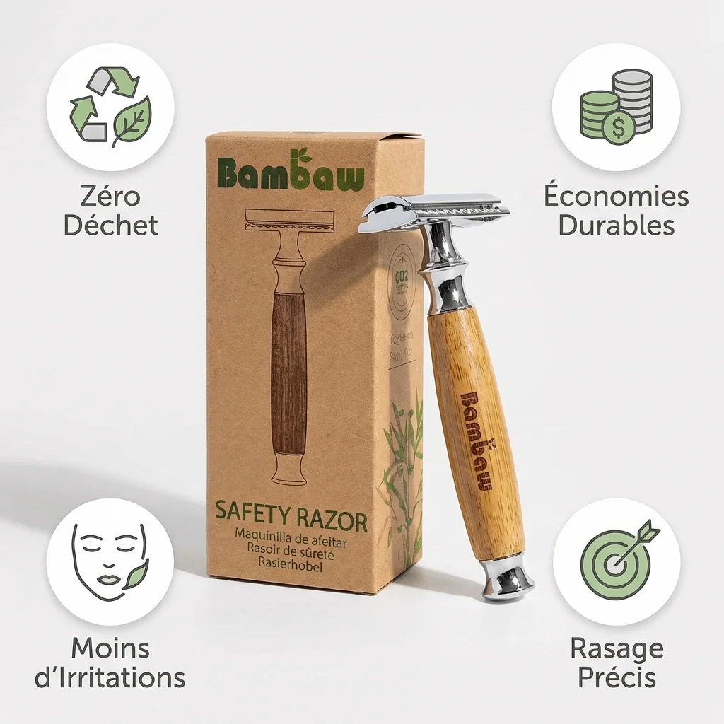 Rasoir de sécurité en bambou Bambaw avec infographie zéro déchet et économies durables
