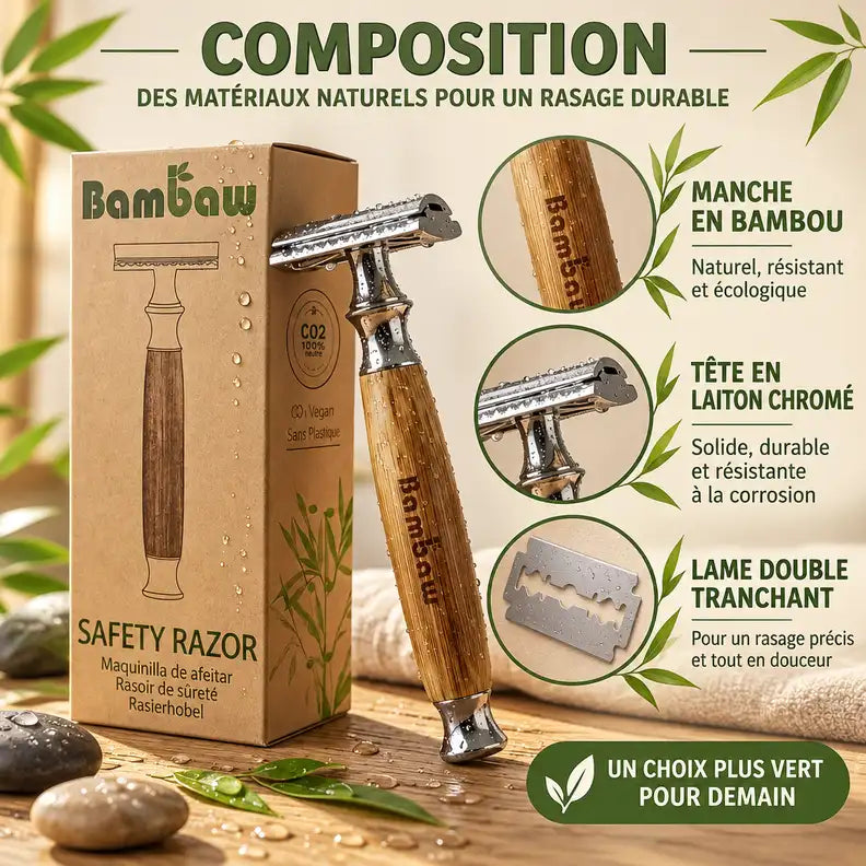 Rasoir de sécurité en bambou Bambaw avec manche bambou, tête laiton chromé et lame double tranchant