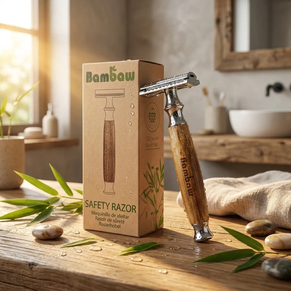 Rasoir de sécurité bambou Bambaw avec emballage recyclable sur bois naturel