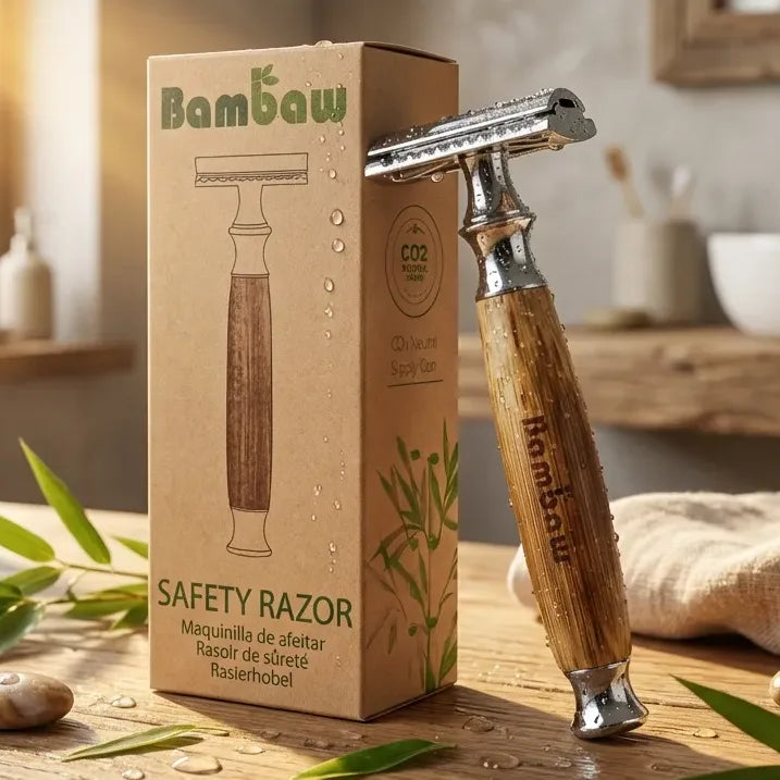 Rasoir de sécurité bambou Bambaw avec emballage recyclable sur bois naturel