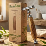 Rasoir de sécurité bambou Bambaw avec emballage recyclable sur bois naturel