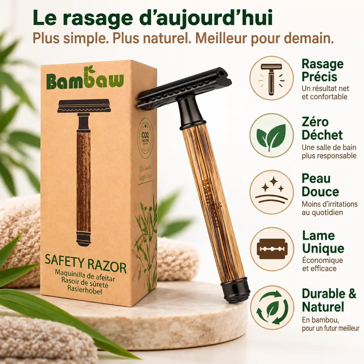 Rasoir de sécurité bambou Bambaw noir avec ses 5 bénéfices : rasage précis, zéro déchet, peau douce