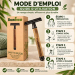 Rasoir de sécurité Bambaw noir avec guide d'utilisation et étapes de rasage illustrées
