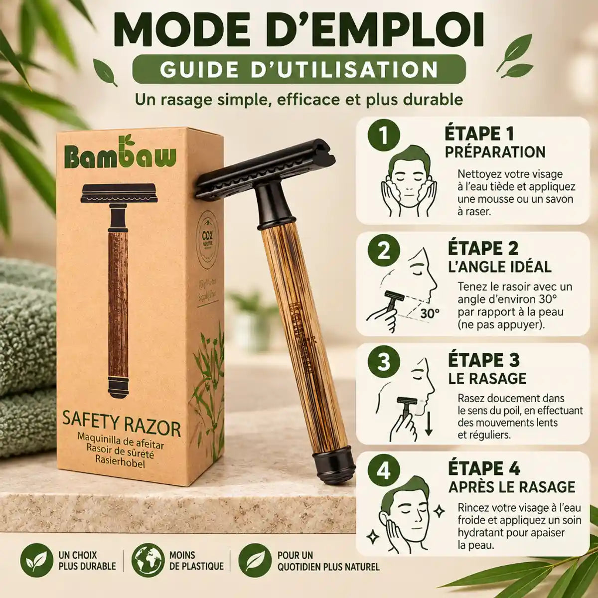 Rasoir de sécurité Bambaw noir avec guide d'utilisation et étapes de rasage illustrées
