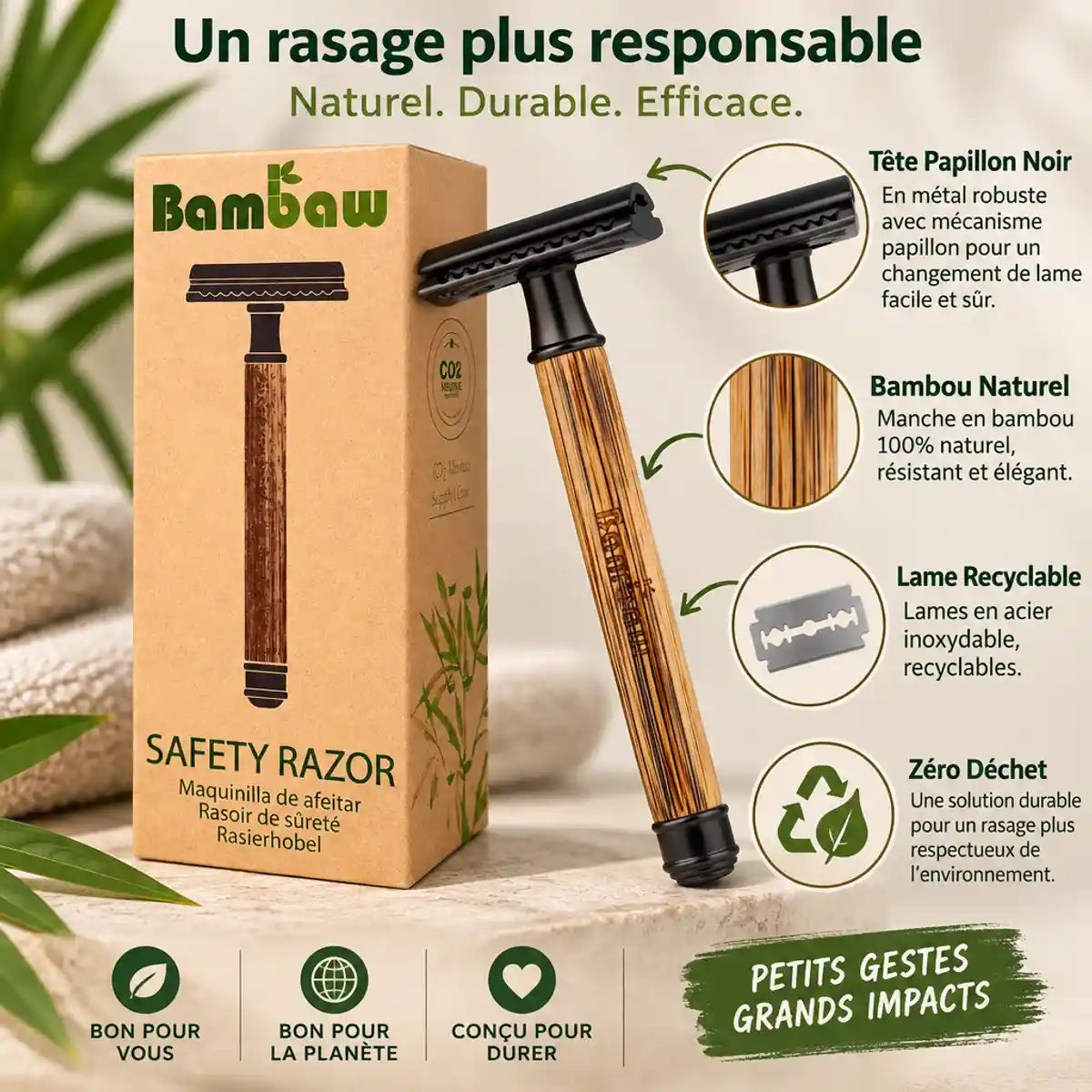 Rasoir de sécurité en bambou Bambaw noir avec tête papillon et lame recyclable zéro déchet