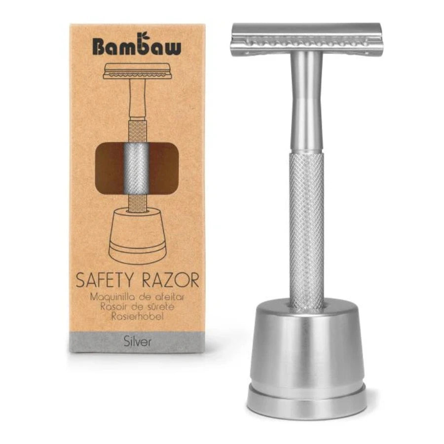 Un rasoir de sûreté avec socle et son pack de la marque Bambaw