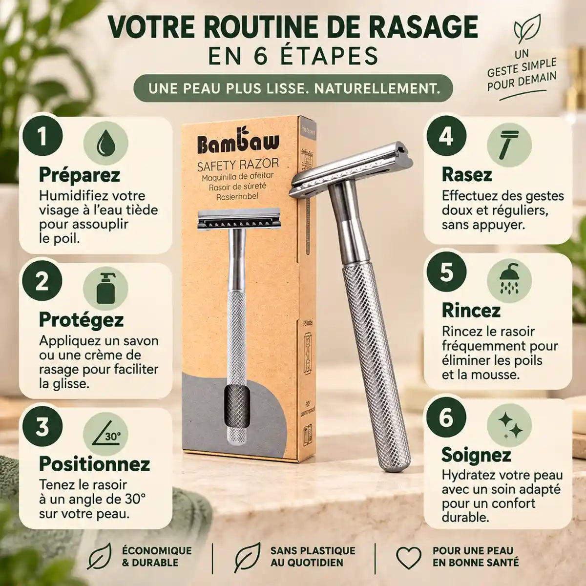 Rasoir de sûreté Bambaw - Guide 6 étapes routine rasage métal coloris