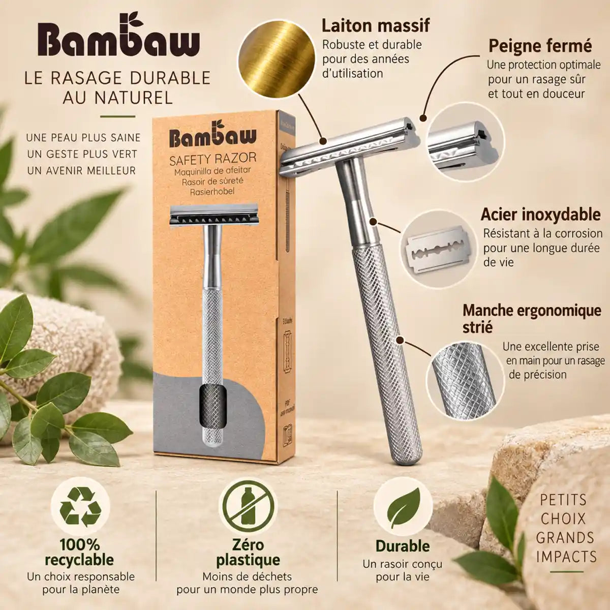 Rasoir de sûreté Bambaw en métal avec emballage kraft, matériaux durables et design ergonomique