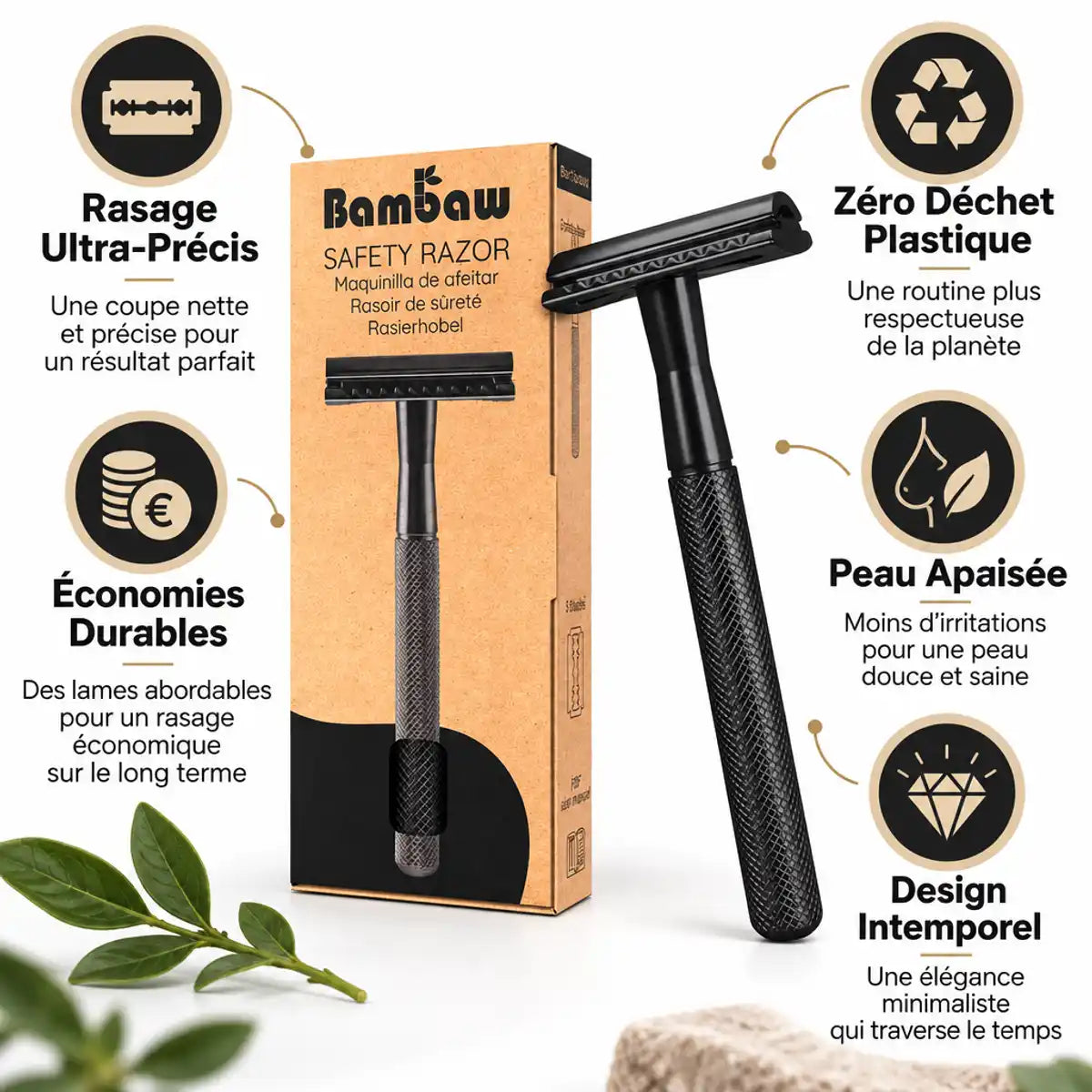 Rasoir de sûreté Bambaw noir avec emballage liège et 5 avantages: rasage précis, zéro déchet, économies, peau apaisée, design intemporel