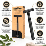 Rasoir de sûreté Bambaw noir avec emballage liège et 5 avantages: rasage précis, zéro déchet, économies, peau apaisée, design intemporel