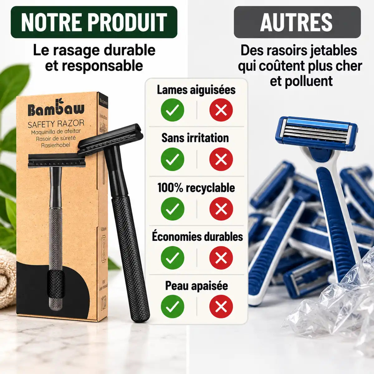 Rasoir de sûreté Bambaw noir comparé aux rasoirs jetables - lames aiguisées et recyclable