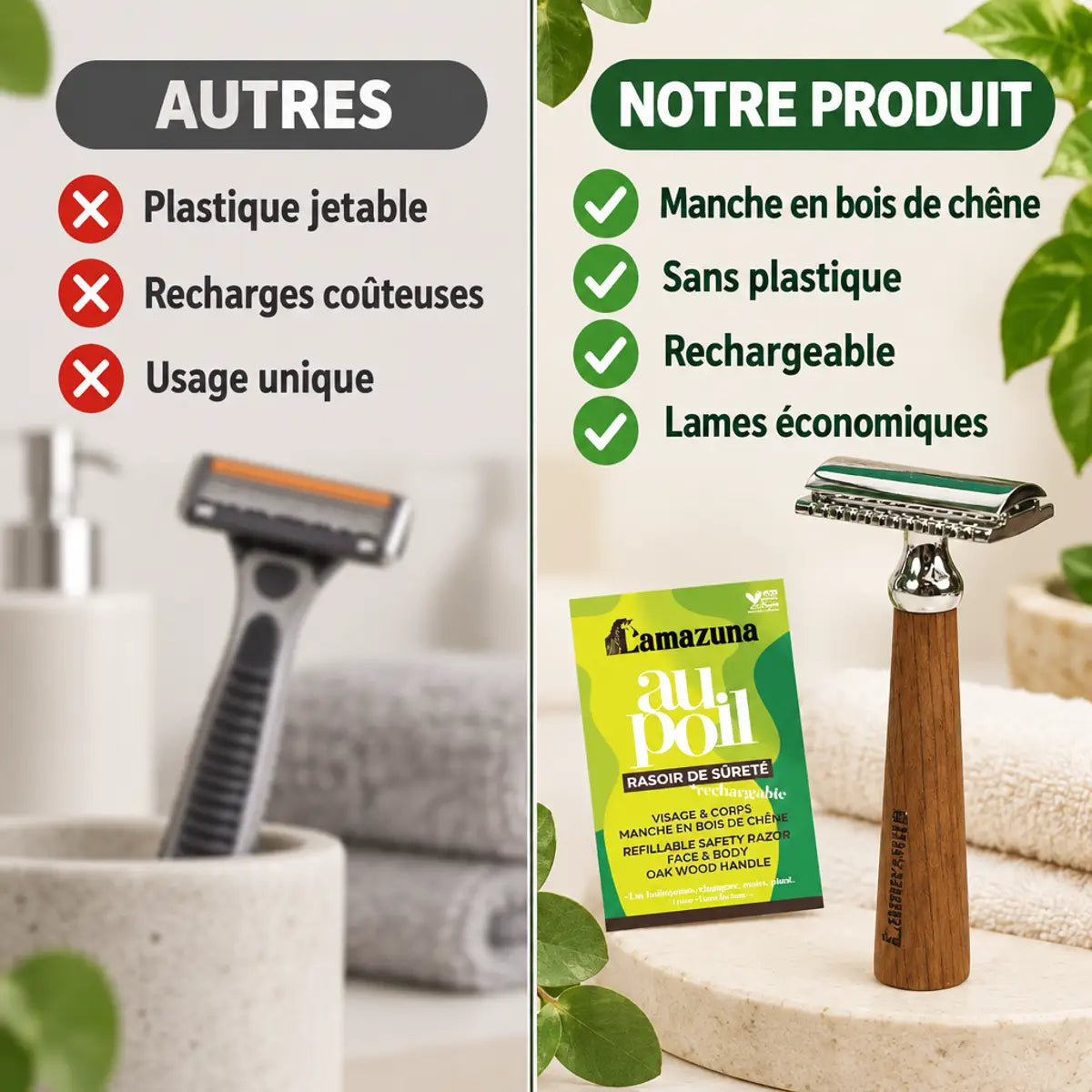 Rasoir de sûreté rechargeable Lamazuna en bois de chêne face à un rasoir jetable en plastique : comparatif