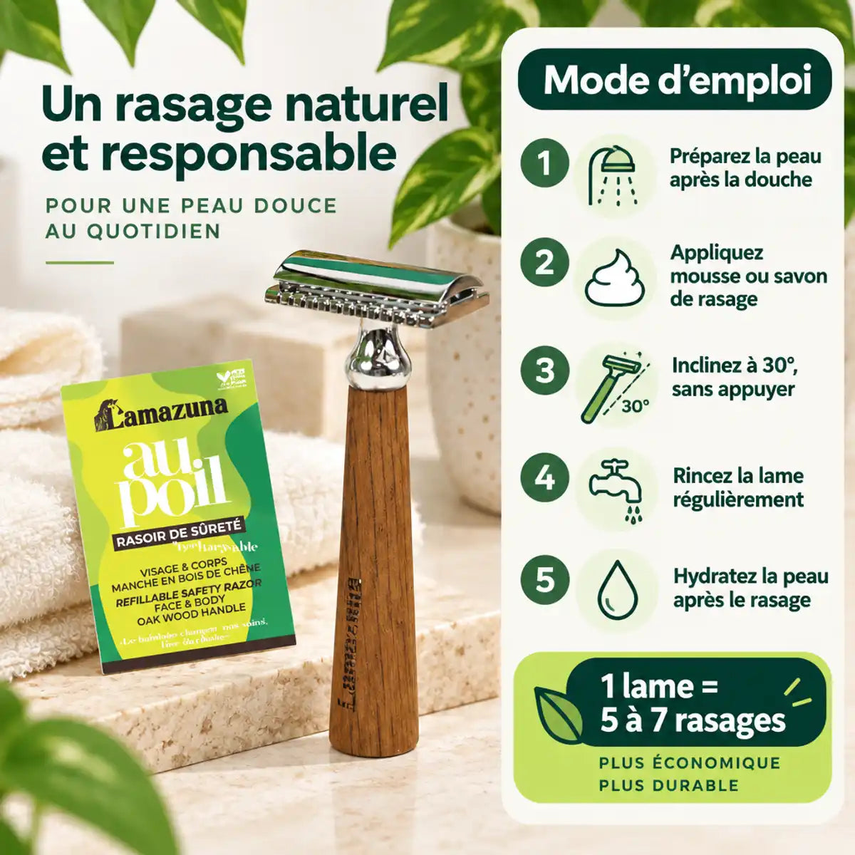 Rasoir de sûreté Lamazuna en bois de chêne avec mode d'emploi en 5 étapes et badge « 1 lame = 5 à 7 rasages »