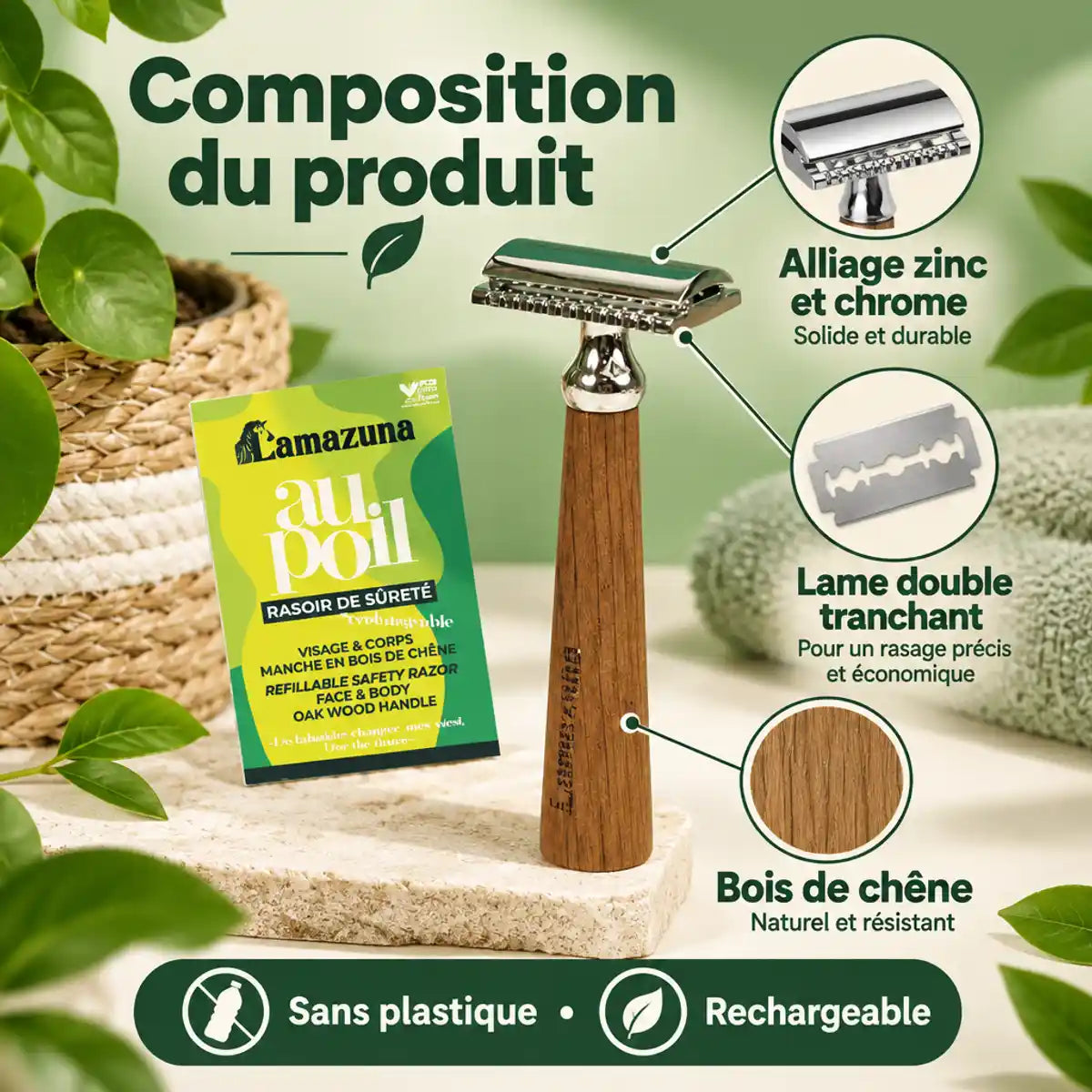 Rasoir de sûreté rechargeable Lamazuna « Au Poil » en bois de chêne et alliage zinc chrome, lame double tranchant, sans plastique