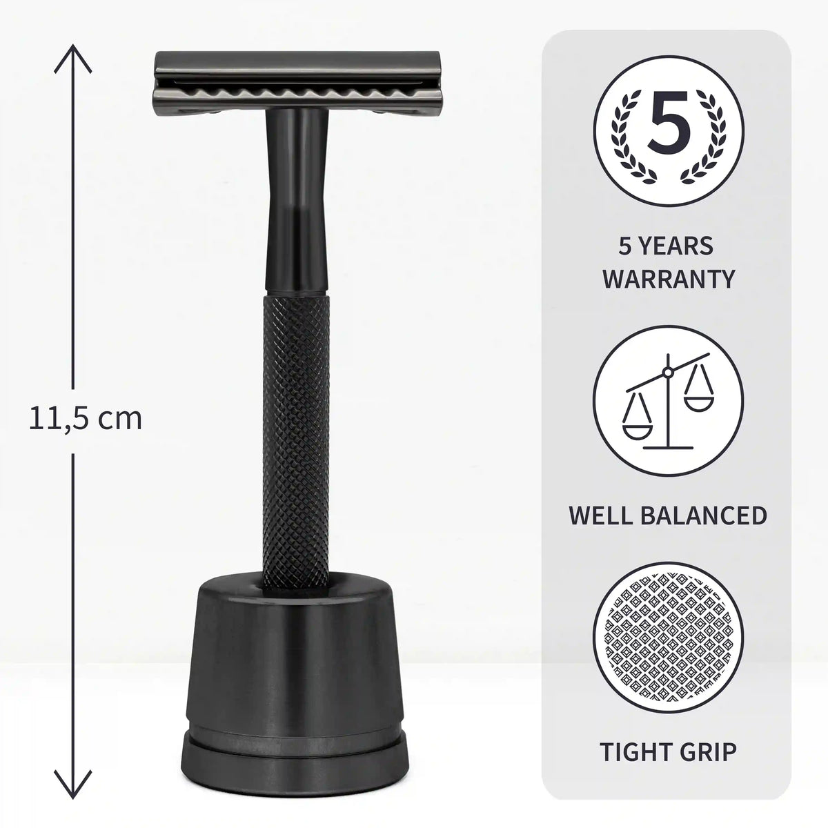 Un rasoir de sûreté en métal noir avec socle de la marque Bambaw