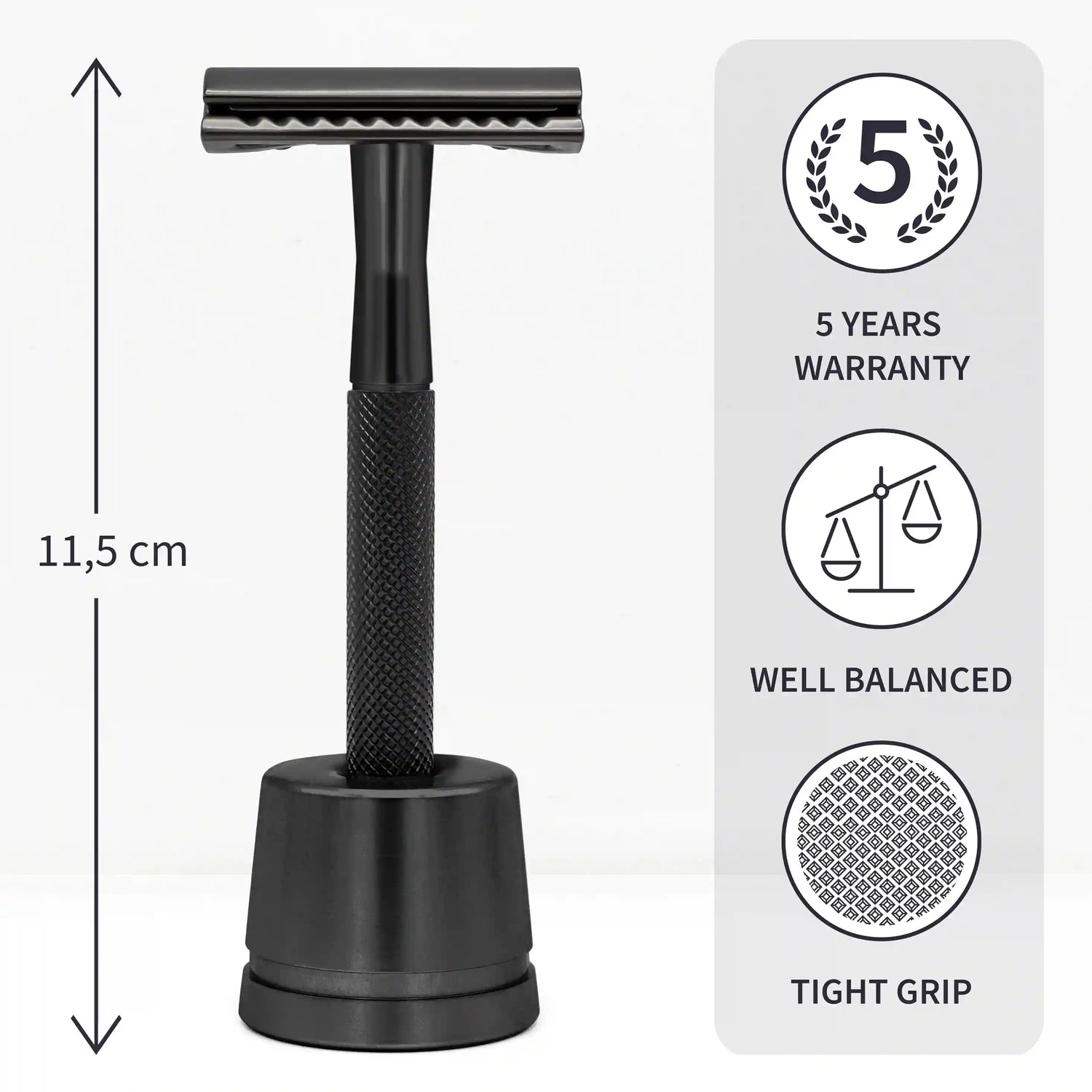 Un rasoir de sûreté en métal noir avec socle de la marque Bambaw