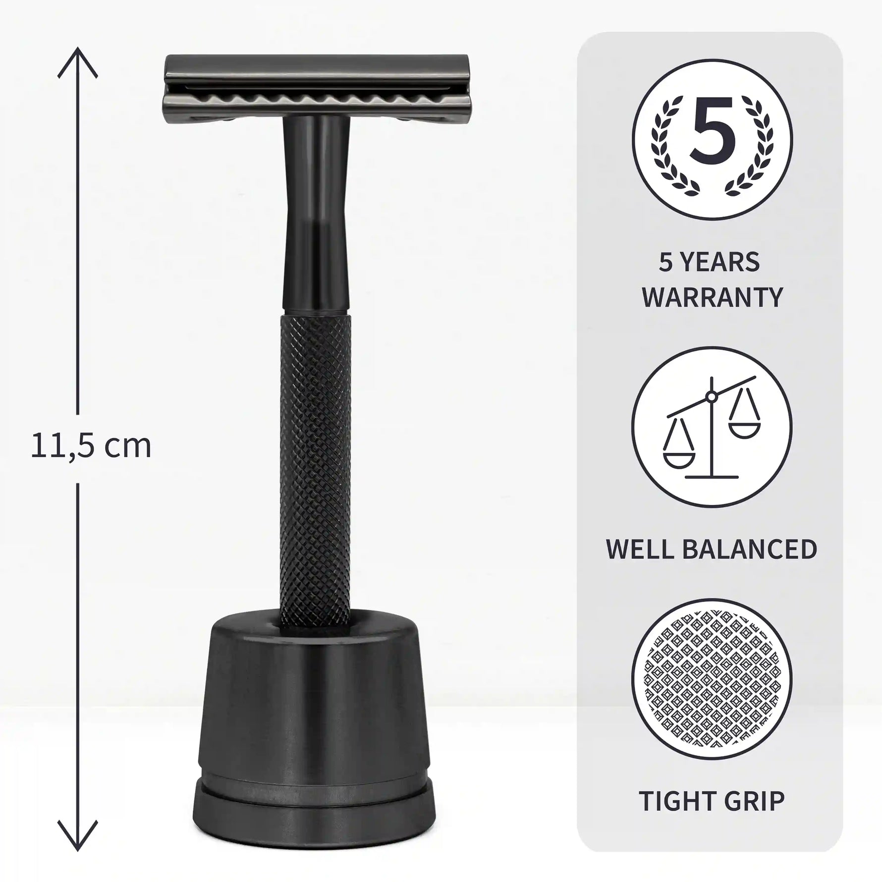 Un rasoir de sûreté en métal noir avec socle de la marque Bambaw