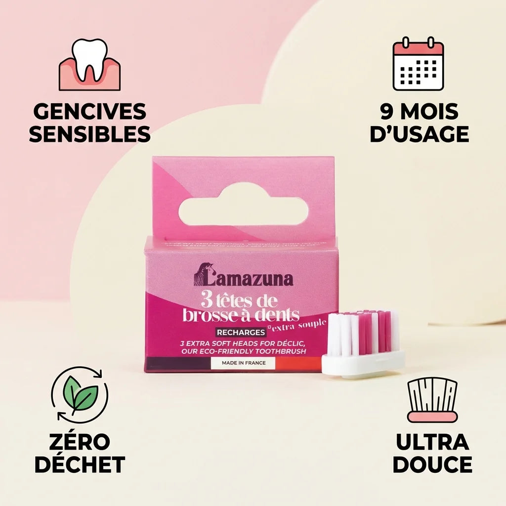 Recharge 3 têtes de brosse à dents extra souple Lamazuna, zéro déchet, gencives sensibles