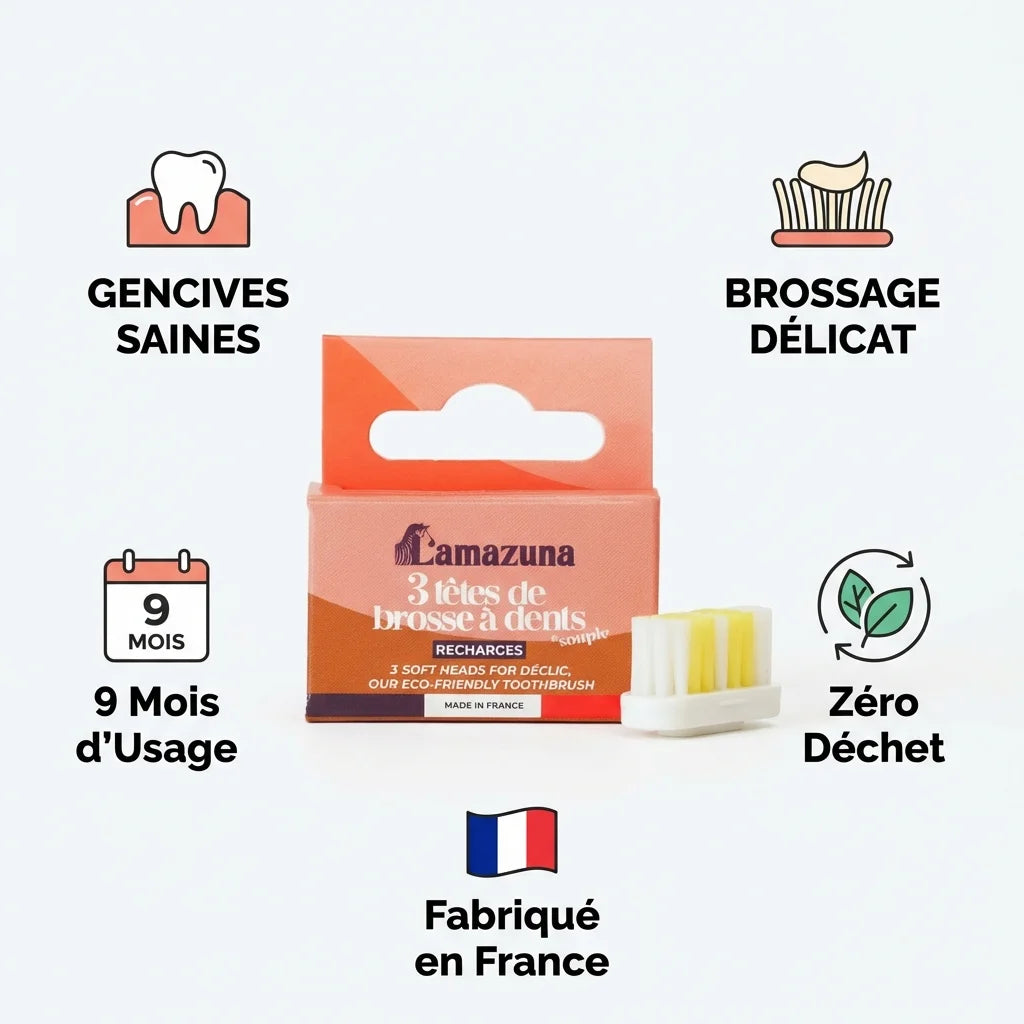 Recharge brosse à dents Lamazuna 3 têtes souples, brossage délicat, zéro déchet, fabriqué France