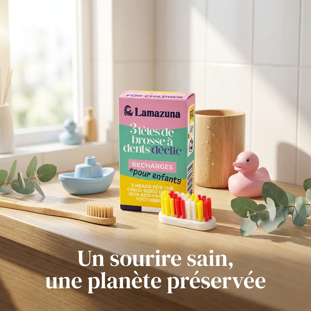 Recharge 3 têtes brosse à dents enfant Lamazuna colorées dans salle de bain écologique