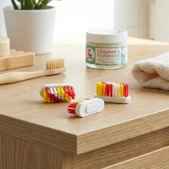 Recharge 3 têtes brosse à dents enfant Lamazuna Déclic colorées sur vanité salle bain