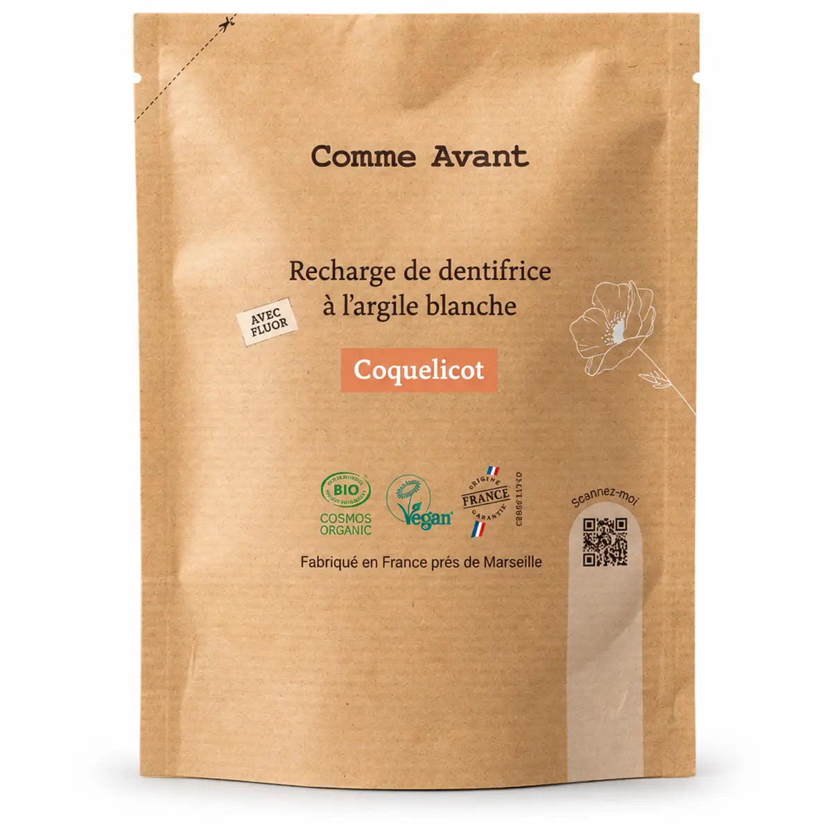 Recharge dentifrice argile blanche Coquelicot Comme Avant 180ml packaging kraft
