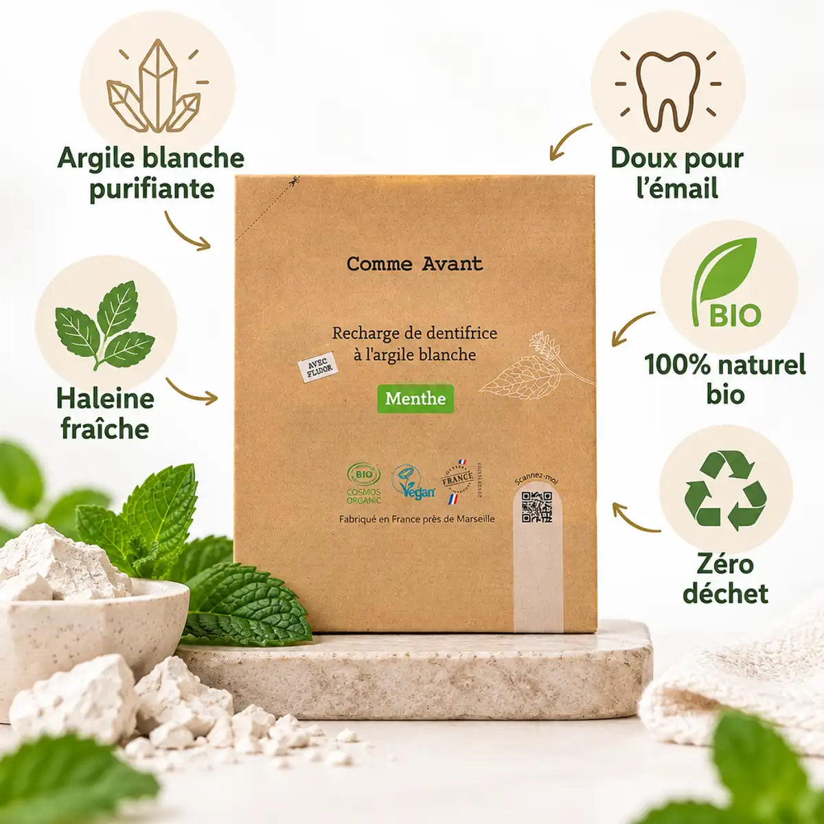 Recharge dentifrice argile blanche menthe Comme Avant avec bénéfices naturels bio zéro déchet