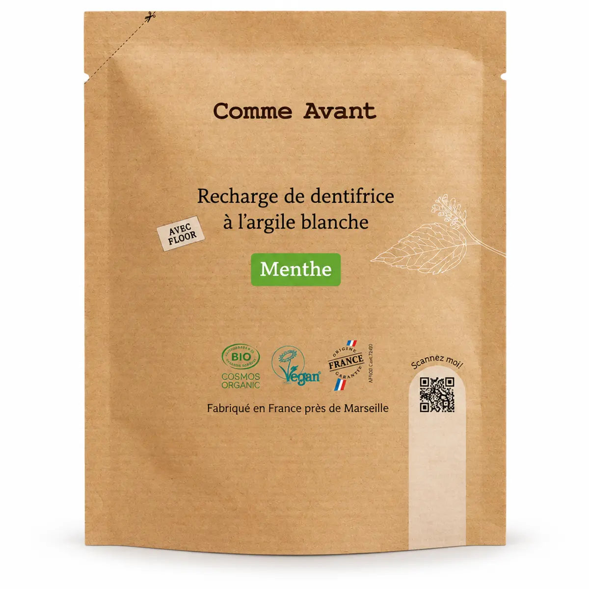 Recharge dentifrice argile blanche mentholé 180ml Comme Avant emballage kraft