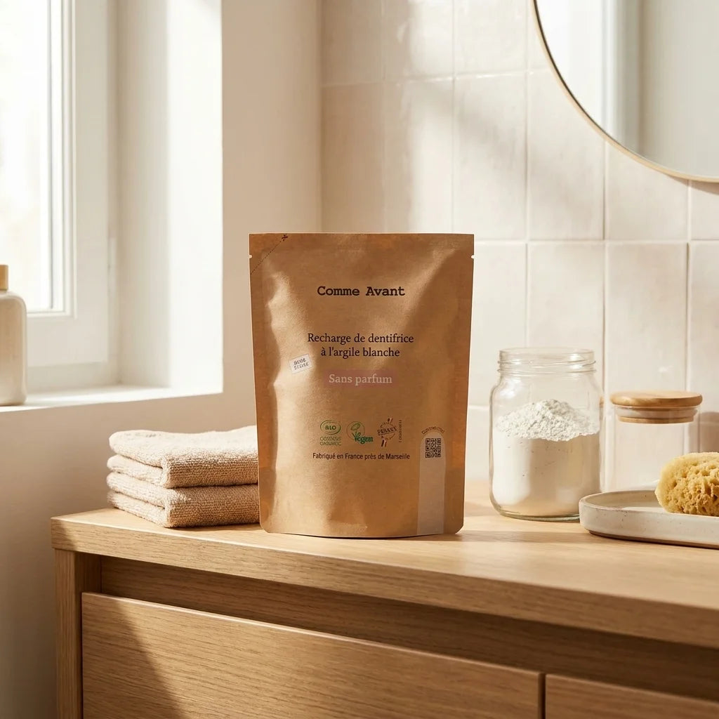 Recharge dentifrice argile blanche Comme Avant 180ml sans fluor ni parfum sur meuble salle bain