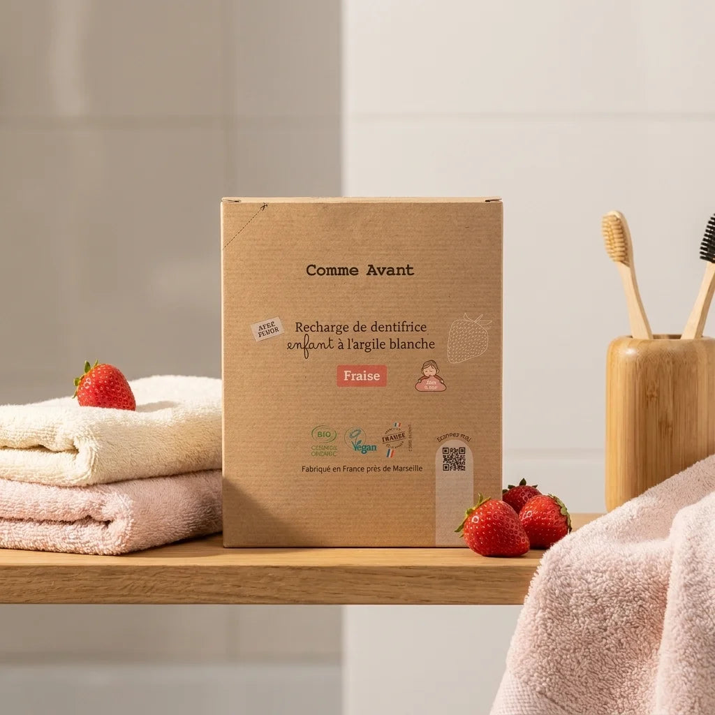 Recharge dentifrice enfant Comme Avant argile blanche goût fraise 180ml sur étagère salle de bain